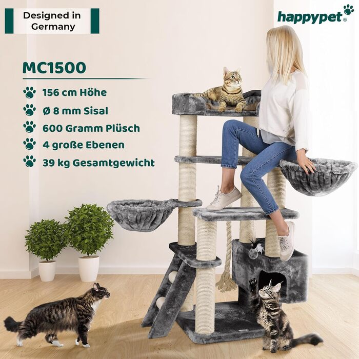 Дряпак для великих котів HAPPYPET Jacob XXL, стійкий кіт-дерево до стелі з сизалевими стовпами та товстою основою, ідеальний для великих порід