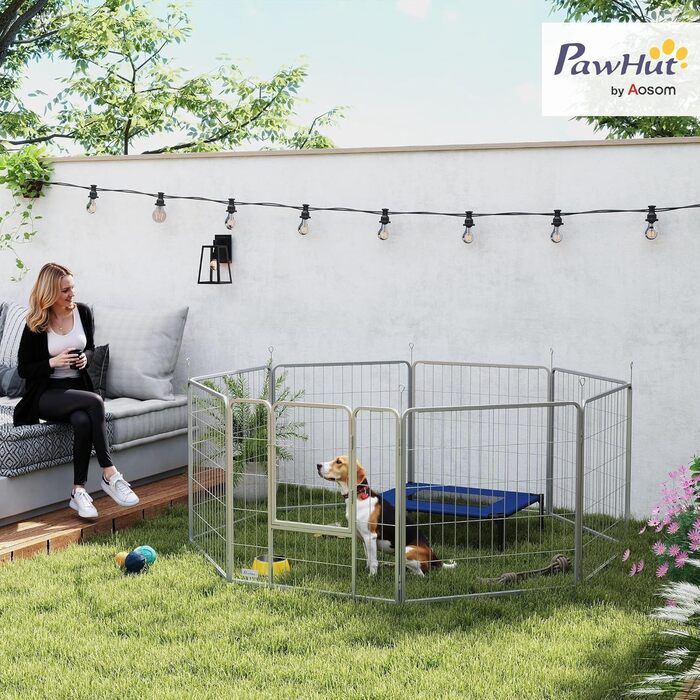 PawHut Вольєр для цуценят з 8 панелей, вольєр для собак на відкритому повітрі, захисний тент, 100 см, для собак, котів, цуценят