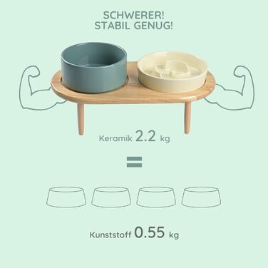 Набір керамічних мисок для собак та котів SpunkyJunky: миска проти запобігання ковтання + підставка з бамбука (Бежевий + Темно-зелений), Ø15.5 см