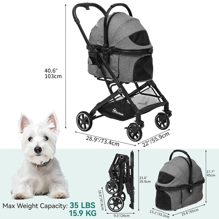 Візок для собак YITAHOME - переносна коляска для маленьких собак та котів (до 15.9 кг), сірий