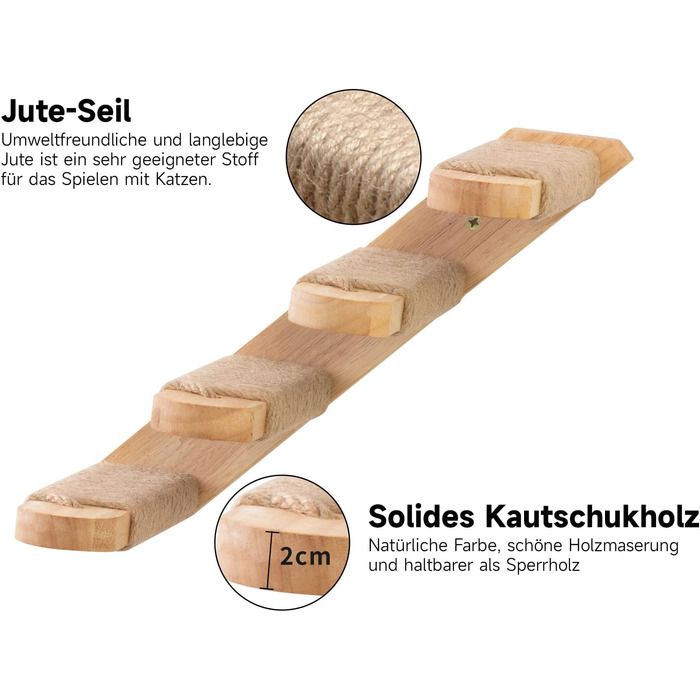 Кігтеточка-стіна для котів FUKUMARU, дерев'яна стіна для котів, лежанка на стіні з масивного гумового дерева, для котів до 15 кг, з джутового мотузка для дряпання (зліва направо)