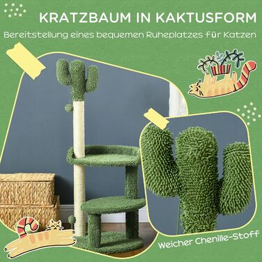 Когтеточка для котів PawHut Кaktus 111 см, 2 рівні, з іграшкою-м'ячем, лежанкою, для котів до 10 кг, котячі меблі, сизаль, зелена