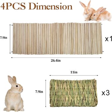 Дерев'яна драбина для кроликів та шиншил з 3 трав'яними килимками Hamiledyi, іграшка для гризунів, тунель/притулок/рампа, роздільник, килимки для кроликів, 26.4x7.9+3 шт.
