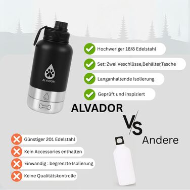 Водяна пляшка для собак на 1000 мл з нержавіючої сталі, 4-в-1, з місткою та мискою для корму, витокозахисна, без BPA, аксесуар для прогулянок та походів (чорна)