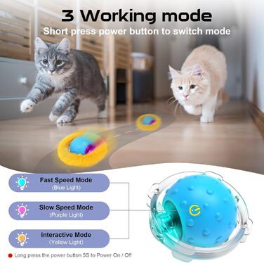 Інтерактивна іграшка для котів PUHOHUN: автоматичний м'ячик, що рухається, з функцією самостійної розваги. Безшумна, з активізацією руху та звуком. Blue