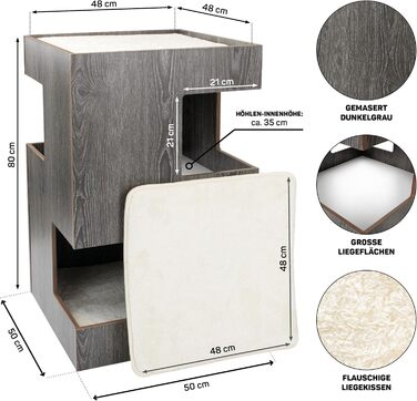 Преміум будиночок для котів з дерева, замок-вежа з лежаками, 50x50x80 см, антрацит