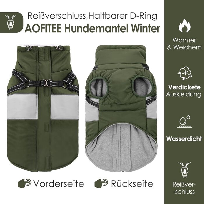 Водонепроникний теплий зимовий одяг для собак AOFITEE, вітрозахисний, з жилетом, з блискавкою та флісовою підкладкою, світловідбиваючий, для цуценят, зелений, XS