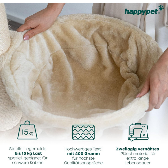Велика кремова когтеточка для котів HAPPYPET 181 см – стійке дерево з товстими стовпами 11 см, будиночком, ігровим тунелем, великими лежанками та канатом