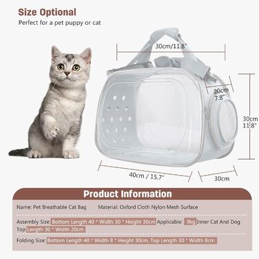 Транспортна переноска для собак та котів PETCUTE, складана та миється, сумка-переноска для кота/маленької собаки, переноска з плечовим ременем, зручна ручка, для подорожей літаком (сіра)