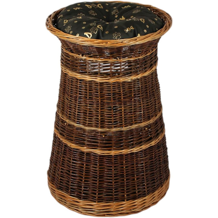 Корзина для котів для сну – котяча хатинка для дому – розмір 43 x 49 x 70 см, кругла – котяча хатинка з лози, трирівневе ліжко для собак або котів з пральним подушками в бежевому кольорі – лакована корзина (подушка темно-коричнева)