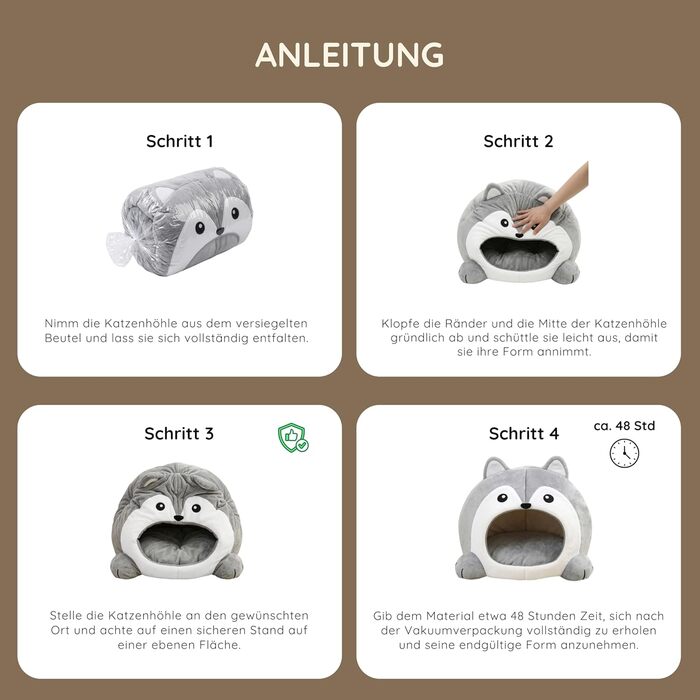 Будиночок для котів Katzenhöhle сірий L (44x41x34 см) з подушкою – печера для кошенят та котів, складаний притулок, м'який та стійкий