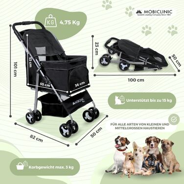 Візок для собак Mobiclinic® Pets, чорний, до 15 кг, з великим кошиком, 3 вікна, гальма, тримач для напоїв