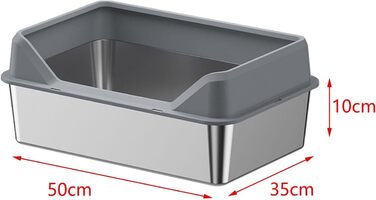 Відкрита лоток для котів JISADER з високим бортиком, нержавіюча сталь, 50x35x10 см, темно-сірий колір