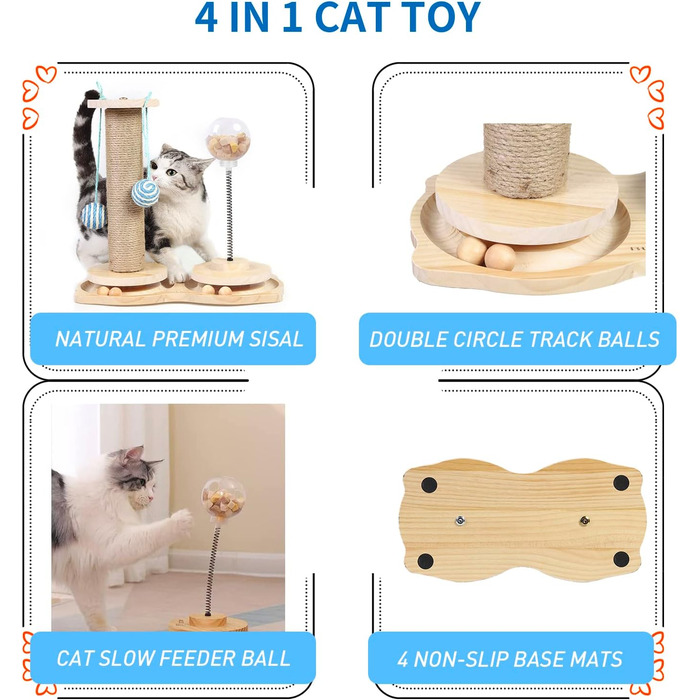 Інтерактивна іграшка для котів Marchul 4-в-1: когтеточка з сизалю, іграшкові м'ячики, куля-дозатор для ласощів. Підходить для кошенят та дорослих котів.