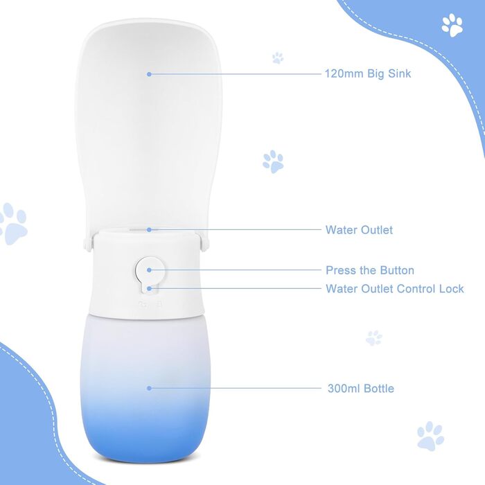 Турбувальна пляшка для води для собак і котів JOPHEK 300мл з фільтром з активованого вугілля, блакитно-біла, для прогулянок, подорожей та кемпінгу