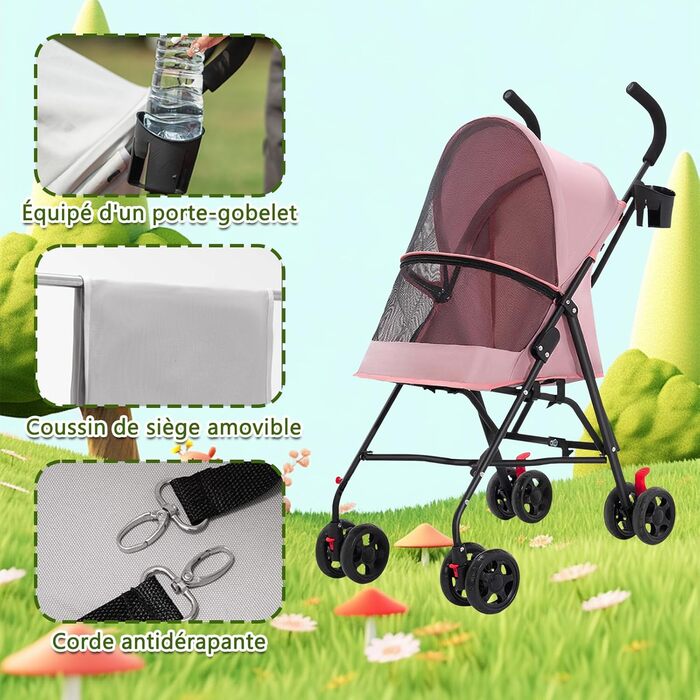 Дитяча коляска для тварин Homewell, складана, рожева, до 15 кг, з тримачем для напоїв та ременем безпеки