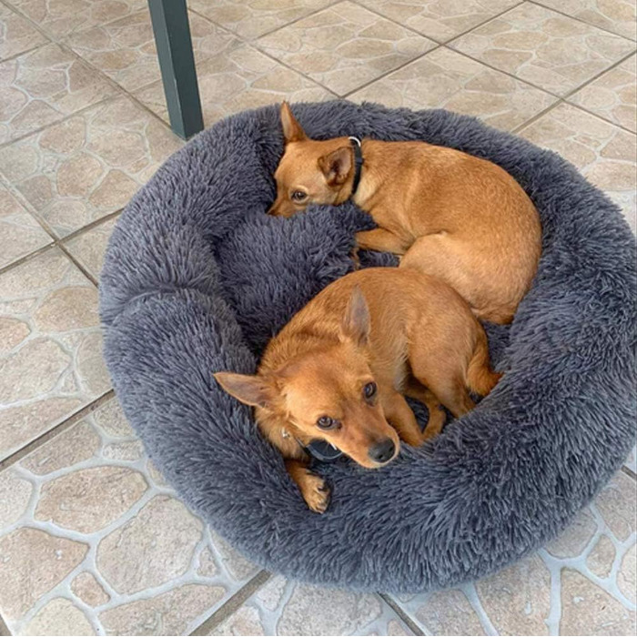 М'яке ліжко-софа для собак Deluxe, кругла, з плюшу, 60 см, для великих та екстра-великих собак та котів, водонепроникне дно, темно-сірий