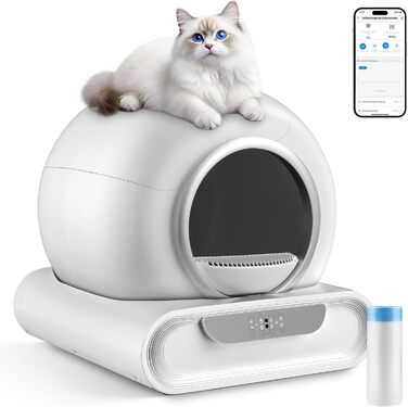 Автоматичний лоток для котів XXL з самоочищенням, з управлінням через додаток, датчик безпеки, велика місткість, для кількох котів (закритий)