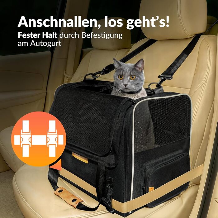 Транспортна переноска для котів CADOCA® до 20 кг, складна, з сонцезахисним дахом, ременем на плече, мискою, дихаюча, комфортна, з обертовим матрацом. Підходить для котів, собак, авто, чорного кольору.