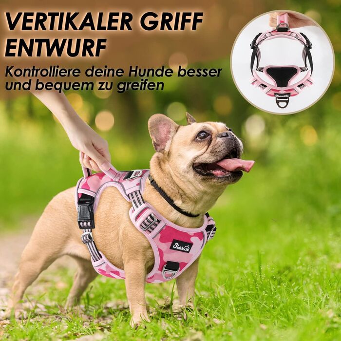 Нашийник для собак великих порід, шлейка з анти-тяговою конструкцією, 2 карабіни, зручна ручка, регульована та світловідбиваюча, для щоденних тренувань (L, XL), камуфляжний рожевий