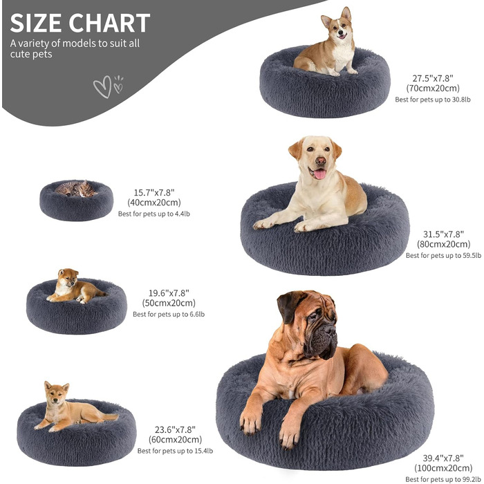 Кругле ліжко для собак та котів BVAGSS: м'яке, пухнасте, зручне, 50 см, сірий колір