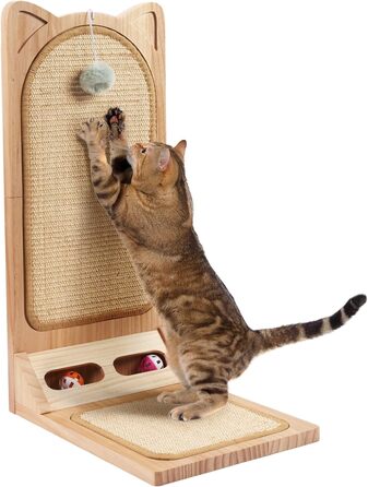 Котячий когтетоп MALOROY з масивного дерева, 58 см, L-подібний когтетоп з картону, стійкий, з іграшкою-м'ячиком, для стіни та кута