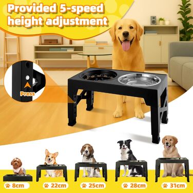 Підвищена годівниця для собак, регульована висота, великі породи - 2 x миска з нержавіючої сталі (1200 мл) + 1 x повільна годівниця (800 мл) - стійка станція для годування середніх/великих собак, чорний/сірий колір