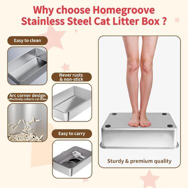 Лотку для котів з нержавіючої сталі з кришкою, великий, для великих котів, з совоком та килимком сірого кольору