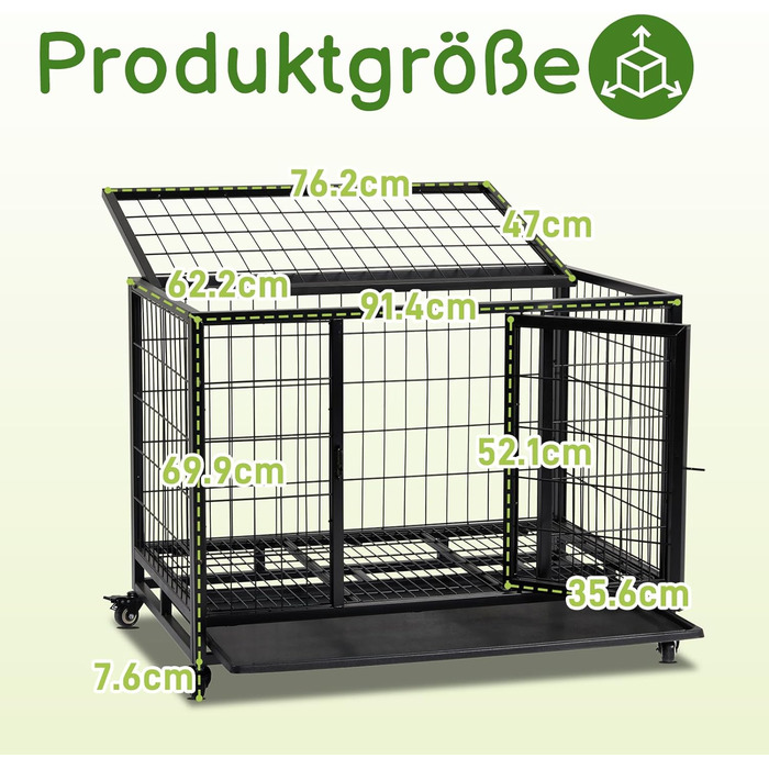 Міцна переносна переноска для собак, 2 двері, фіксуючі колеса, знімний піддон – для середніх та великих собак – чорна (92x62x75 см)