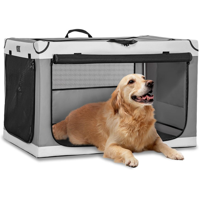 Складаний бокс для великих собак Petsfit, світло-сірий, L 91×61×59 см, міцна транспортна клітка з вентиляційною сіткою для дому та подорожей