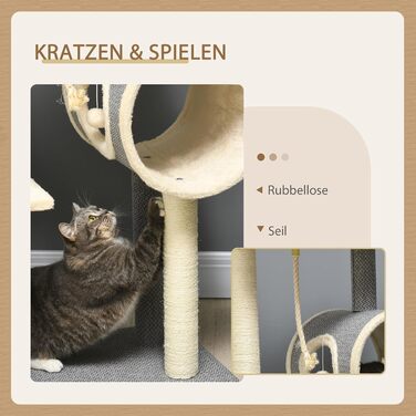 Дряпка для котів PawHut 104 см з будиночком, іграшковим м'ячем, 2 лежаками, для котів до 5 кг, сірий сизаль