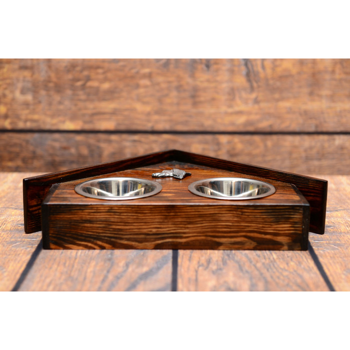 Підставка з мисками для собак із масиву дерева та сталевими мисками, для перської борзої та салюкі