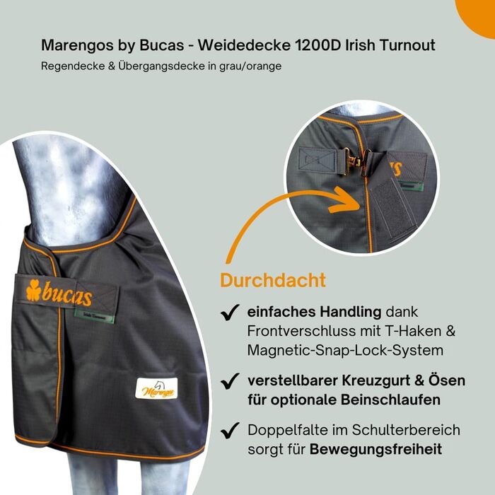 Зимова ковдра Marengos Bucas 1200D Irish Turnout - дихаюча та водонепроникна ковдра для вигулу з внутрішнім шаром та перехресним кріпленням. Сірий/Помаранчевий, розмір 145 см (наповнювач 50 г/м²)