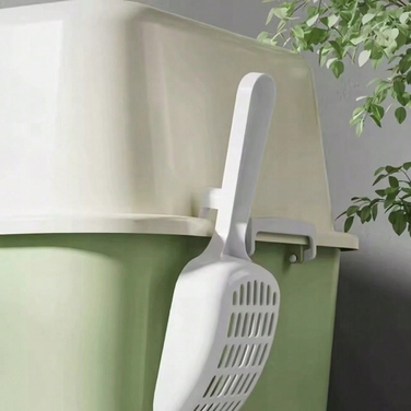 Закритий туалет для котів сірого кольору з лопаткою