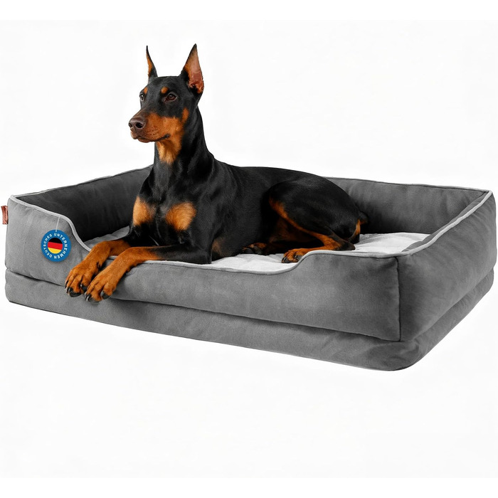 Ортопедичне собаче ліжко Zedelmaier для середніх та великих собак, 90х68х25 см, стійке до подряпин, з товстим лежаком, миється, ергономічне диван-ліжко для собак з знімним покриттям (124 x 84 см, Темно-сірий)
