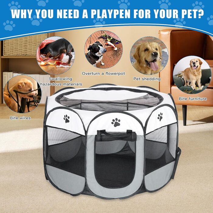 Складана переносна вольєр для цуценят та собак, 74x74x43 см, водовідштовхувальне полотно Oxford, сірий, M