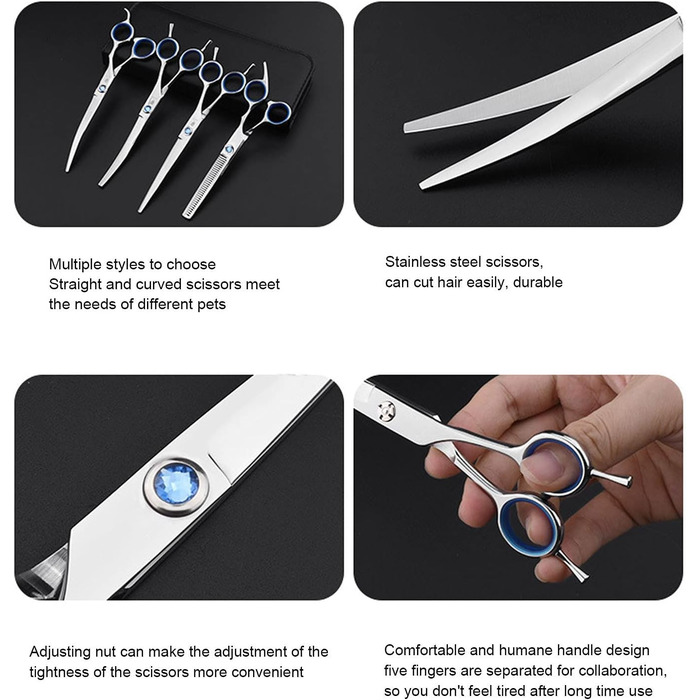 Набір для грумінгу собак: професійні ножиці з нержавіючої сталі, гребінець, прямі та зігнуті ножиці для собак та котів