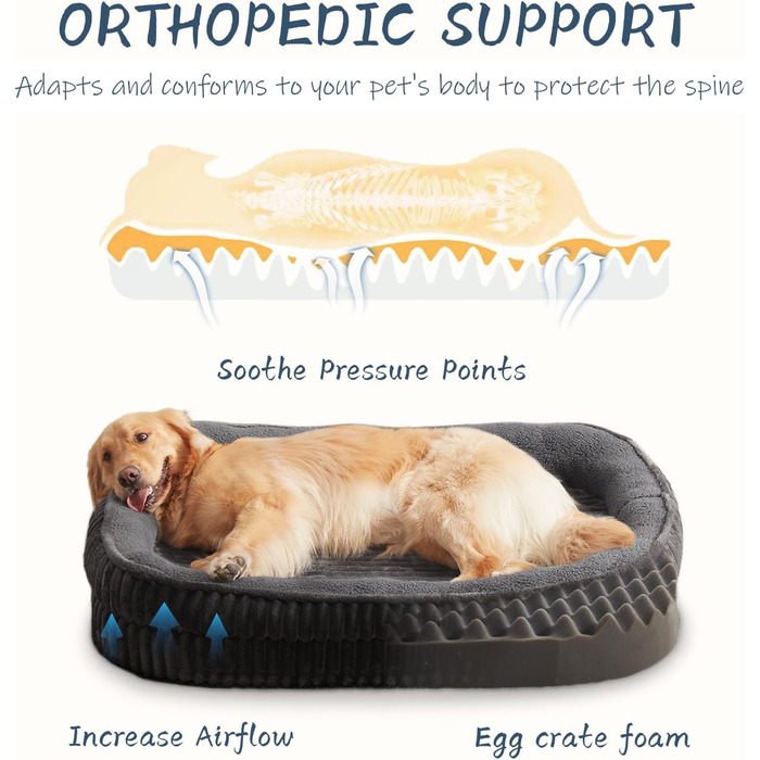 Ортопедичне ліжко для собак середніх порід, собаче ліжко з високощільним пінопластом, для вольєру, з чотирибічною підтримкою шиї, знімний, пральний чохол, неслизьке дно, 91x61x16 см, темно-сірий