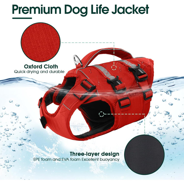 Жилет рятувальний для собак великих порід Kuoser, червоний XL. Рятувальний жилет з ручкою та світловідбиваючими елементами, регульований, покращений плавучість