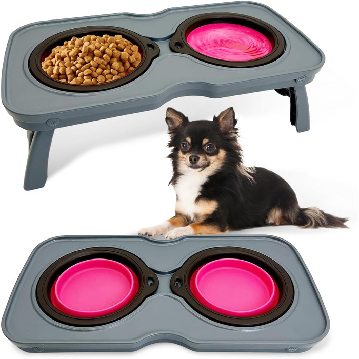Складані годівниці для собак, 2-в-1 піднята миска для тварин зі стійкою, портативні дорожні миски для собак та котів (Рожевий)