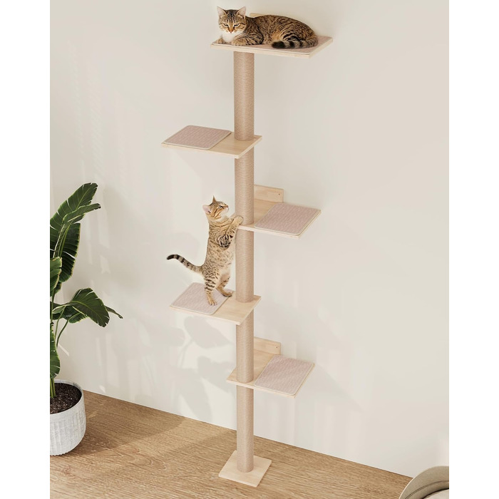Багатоярусна кігтеточка-стінка для котів з 5 сходами, 5-ярусні полиці для відпочинку та ігри, з міцними кігтеточковими стовпчиками, з антиковзними килимками, для великих котів