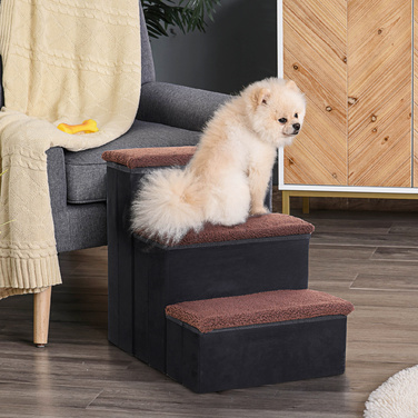PawHut Pet Stairs Складні сходи для кішок Сходи для собак з 3 сходинками для зберігання для кішок і собак МДФ чорний 40x54x48см