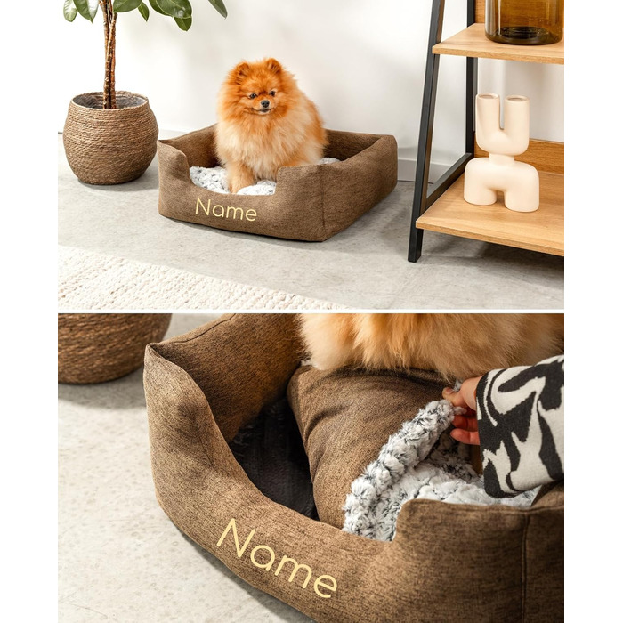 Крісло-гніздишко для собак Lionto з м'яким двостороннім подушкою, затишне ліжко для домашніх тварин у меланжевому дизайні з глибоким входом для собак та котів будь-якого розміру, 60x50 см, м'яке собаче ліжко, коричневе (з написом), розмір L 60 x 50 x 22 с