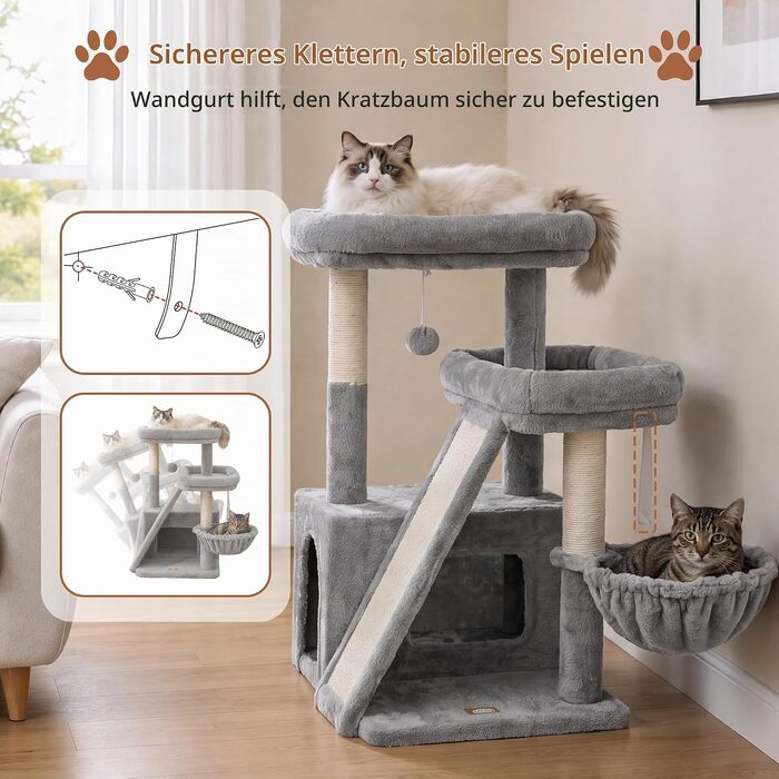 Дряпалка для котів Heybly HCT206SMJ (69 см) з двома лежаками та великою scratching-дошкою, світло-сіра
