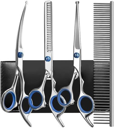Професійний набір ножиць для грумінгу собак, 7.8 дюймів, 4 в 1, з нержавіючої сталі, з заокругленими безпечними кінцями, для стрижки та вирівнювання шерсті