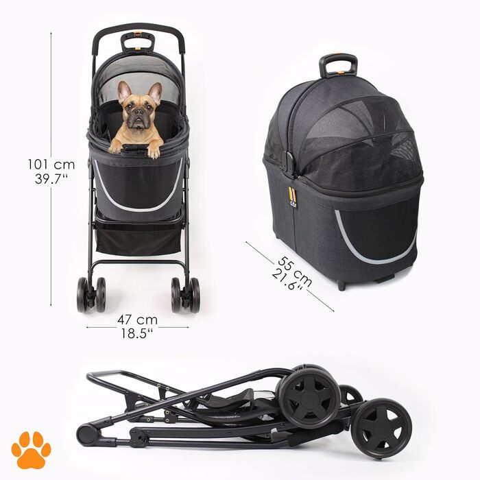 Візок для собак MY DUQUE Coco 2-в-1: візок для тварин до 15 кг з кошиком для аксесуарів | Складний, з сучасним дизайном та маневреними колесами