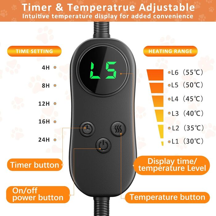 Кішечковий та собачий нагрівальний килимок, 45 x 45 см, 5 таймерів та 6 температурних режимів, вологостійкий, для цуценят, собак, котів та кроликів