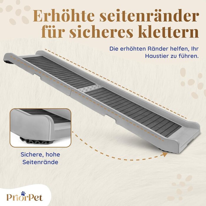 Рампа для собак у машину, складана – 174 см, 38 см – протиковзка гумова поверхня, для великих собак – стійка сходинка для авто та SUV – вантажопідйомність 136 кг – чорна (світло-сіра)