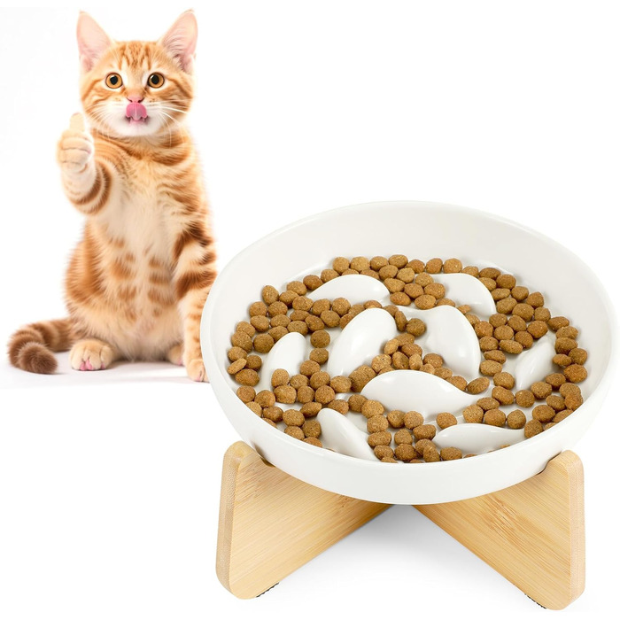 Миска для котів Happy Hachi з підняттям, керамічна, для повільного годування, протиковзаюча, для котів та маленьких собак (зелена)