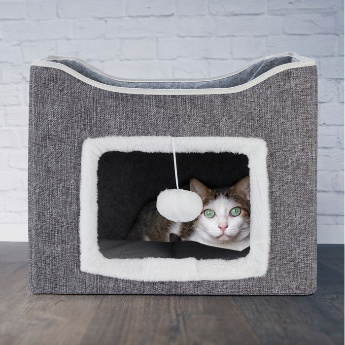 Будиночок-будка для кота з лежаком та іграшкою, сірий, 32 x 40 x 40 см